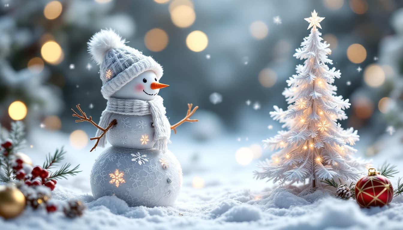 AI generated: Snowman and Christmas tree made entirely of handmade white lace for Christmas. Delicate. Beautiful. ...