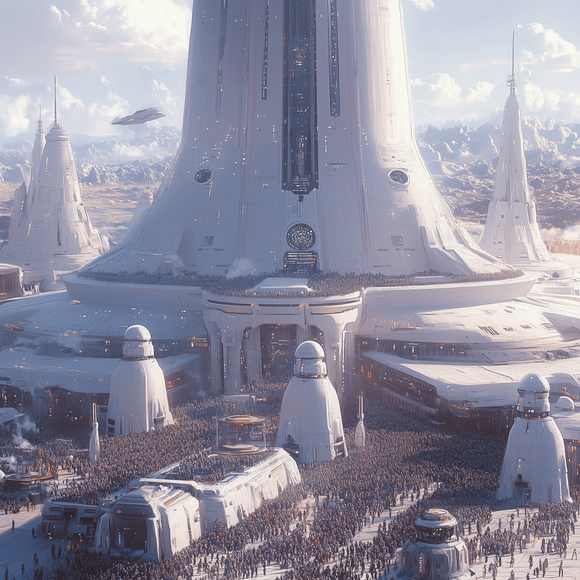 AI generated: A futuristic spaceport with people and spaceships, tall white buildings, in the style of Star Wars, ...
