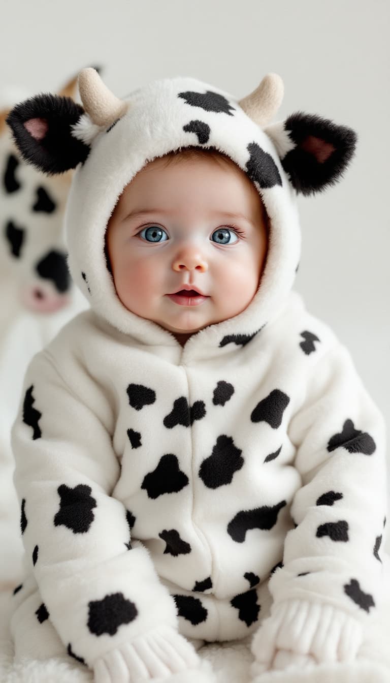 AI generated: A hyper-realistic image of a baby and a cow’s calf, both the same size; the baby is dressed in an ad...