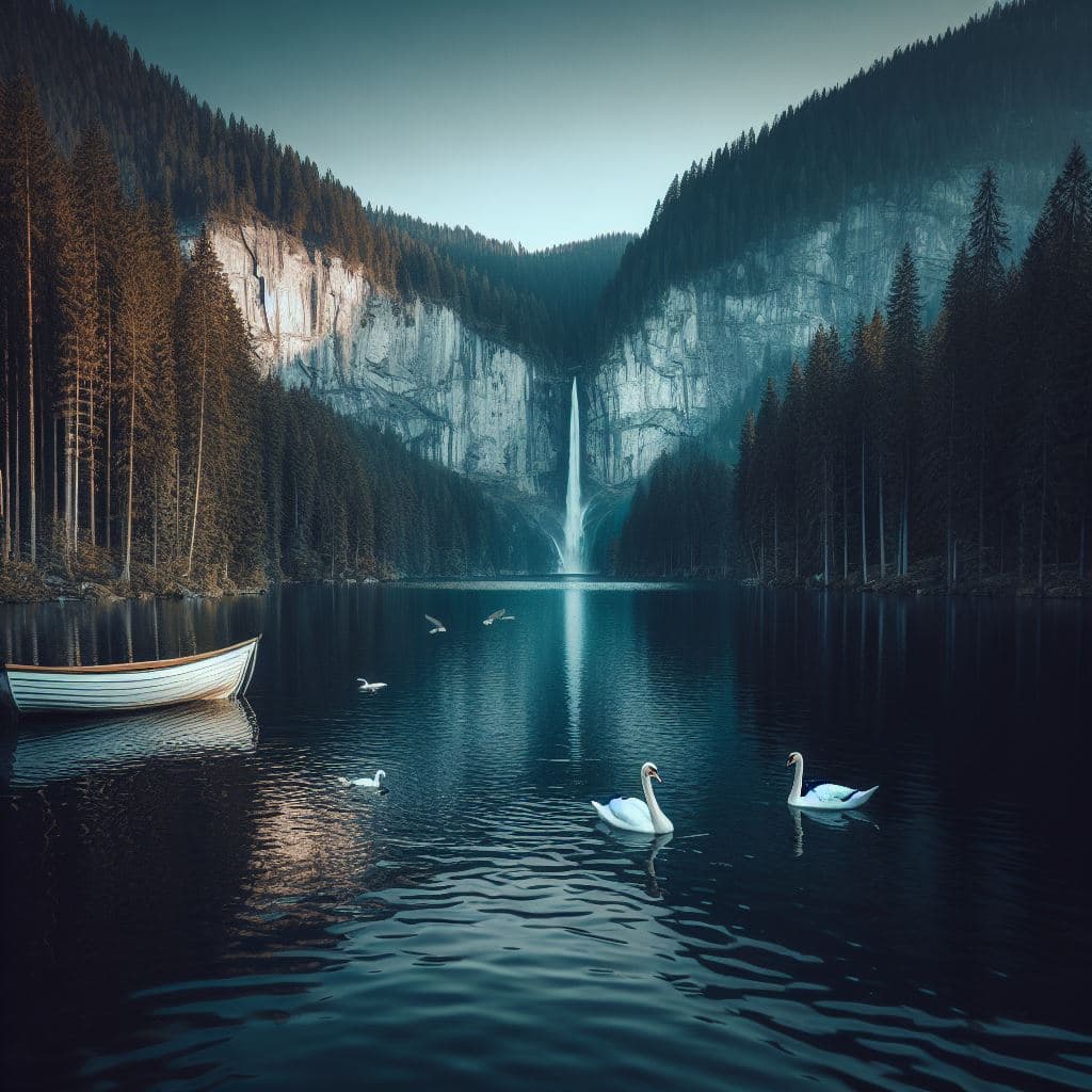 AI generated: Photo of a serene mountain lake surrounded by pine forests. In the distance, a majestic waterfall ca...