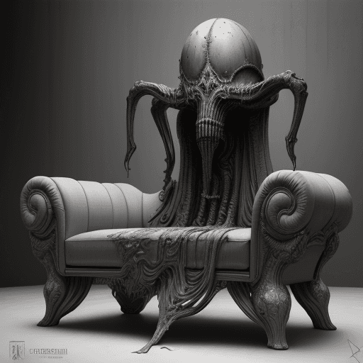 AI generated: huge HR Giger style couch, concept furniture, painting on grey, hyper realistic, illustration, digit...