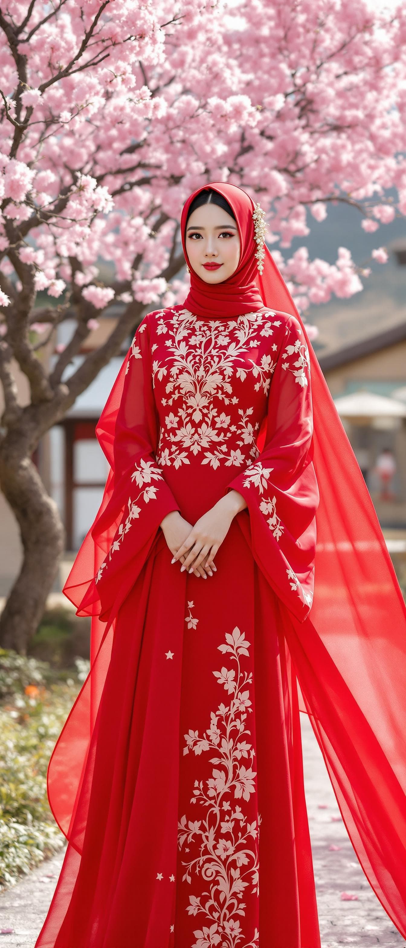 AI generated: A person, korean ulzzang face, japanese girl, red hijab, wearing a red wedding long dress, thighs dr...