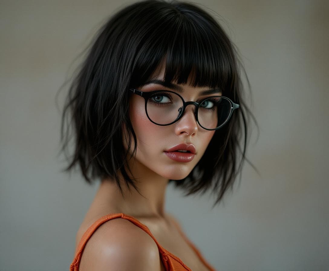AI generated: Photo of a ultra realistic of velma from scooby-doo (20 years), very sultry look, so hot girl, beaut...