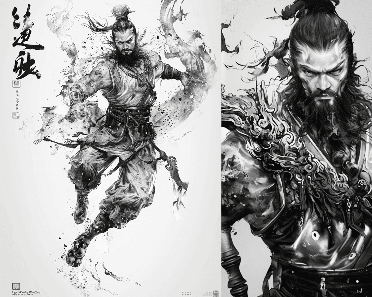 AI generated: Chinese mythological character "Veda", black and white sketch, ultra high definition, full body port...