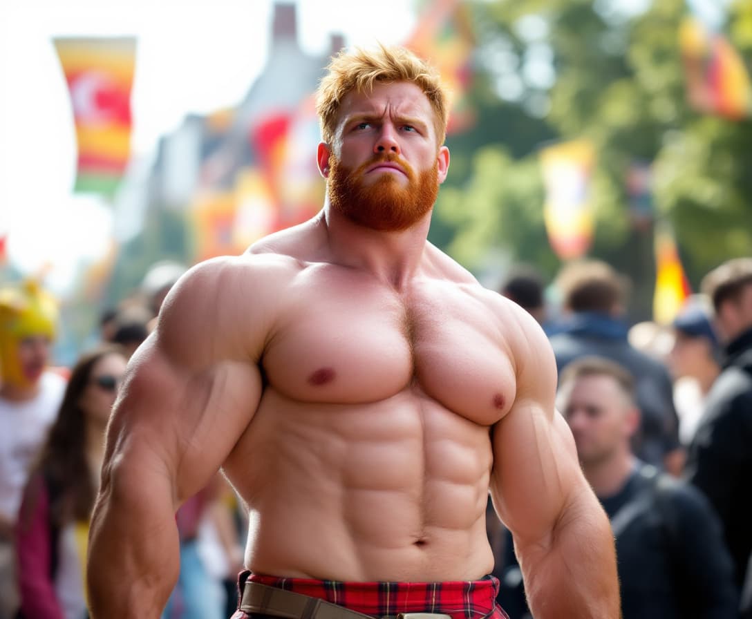 AI generated: high-resolution photo muscular man, reddish blonde hair, unhappy expresssion, wearing a tartan kilt,...