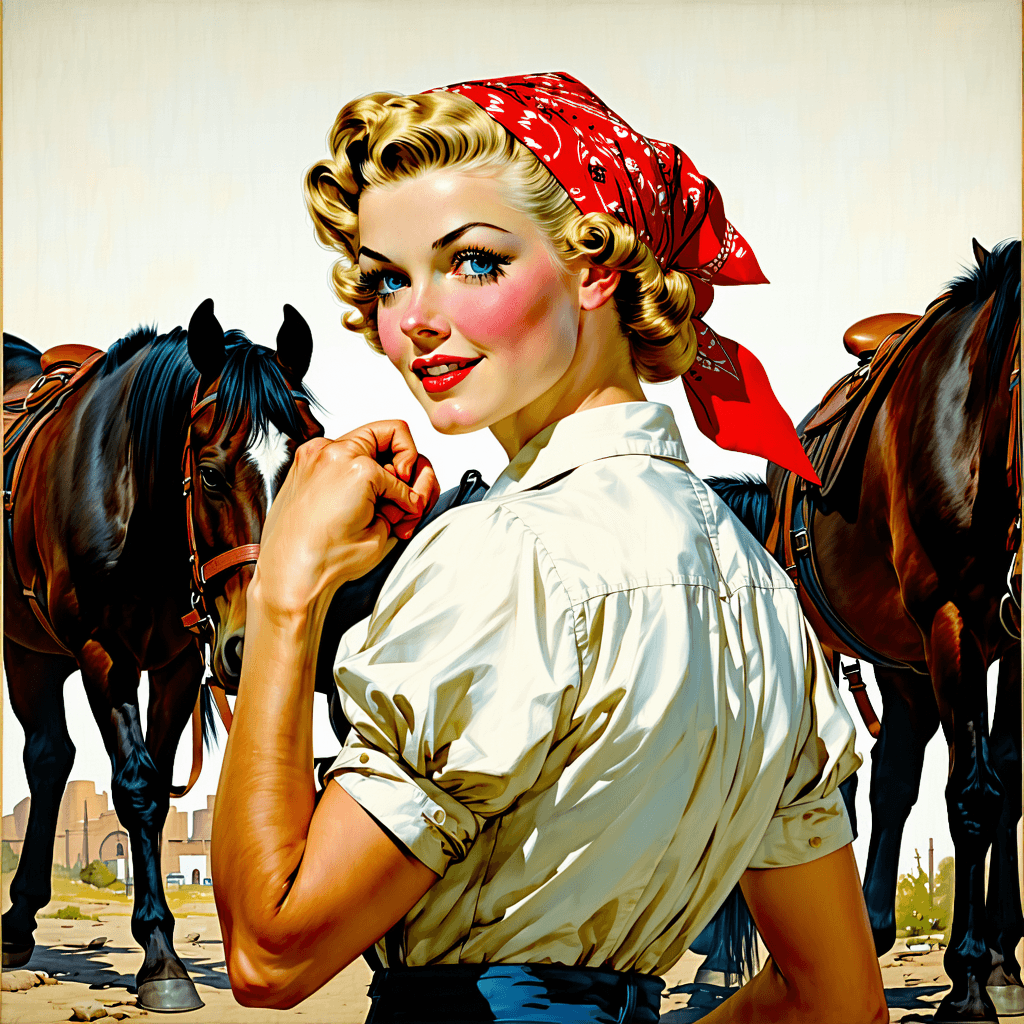 AI generated: Cover art quality illustration by ((Joseph Christian Leyendecker)), a Rosie the Riveter, 3/4 shot, f...