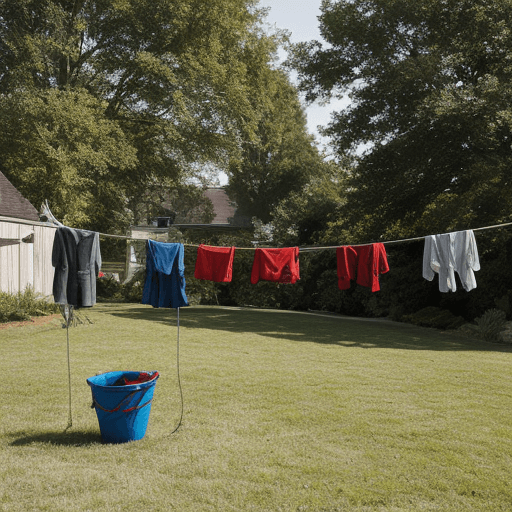 AI generated: clothes of superman hanging on a drying rope in backyard in sun. a clothes bucket can be seen on law...