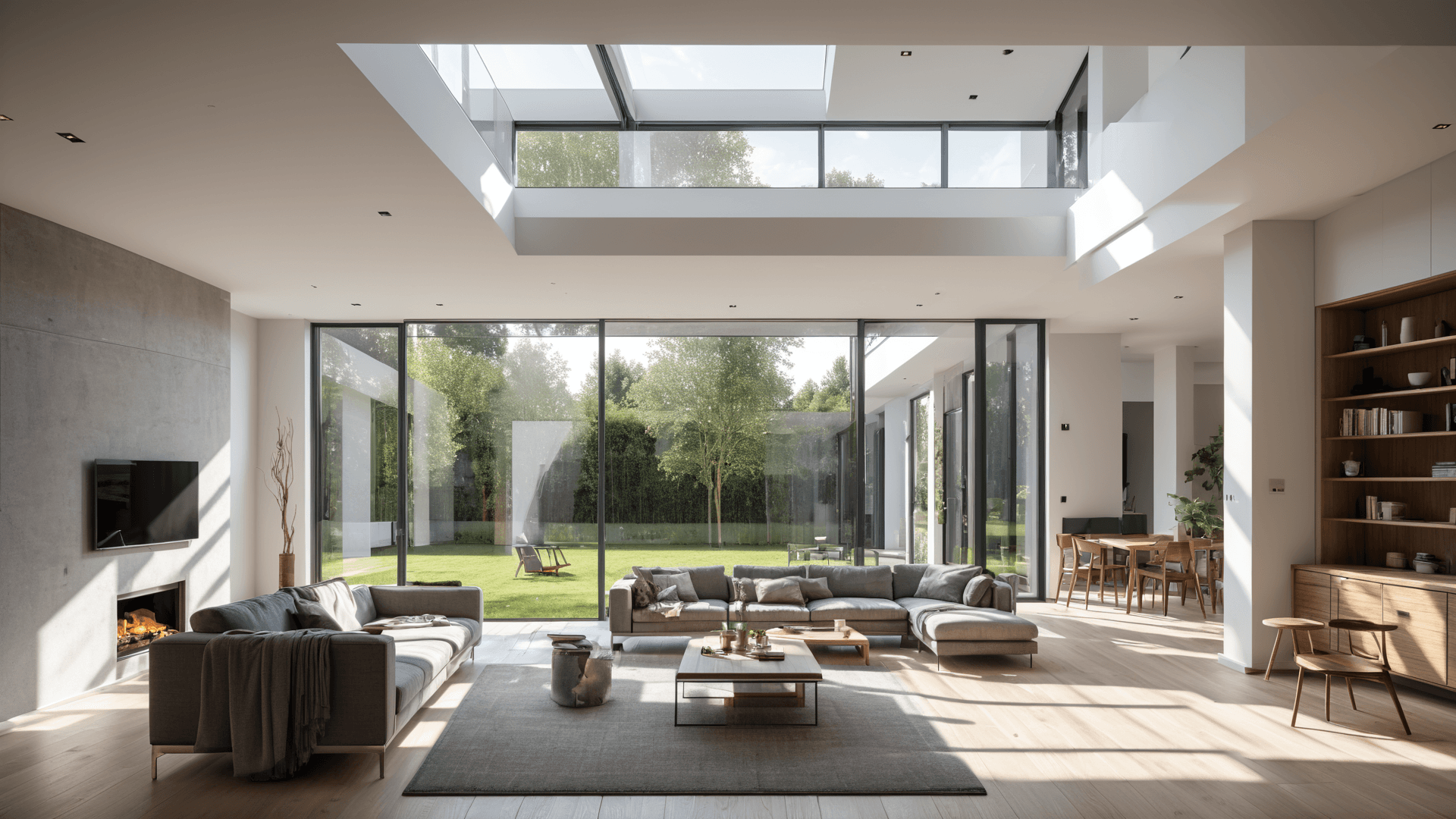 AI generated: Hyper realistic eye level photo of a modern house, daylight, indirect lighting, furniture
