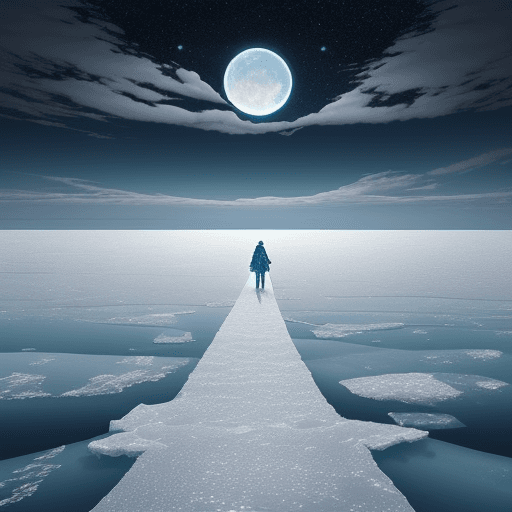 AI generated: Picture a stark, icy landscape where a solitary figure bravely forges a path across a frozen sea. Th...