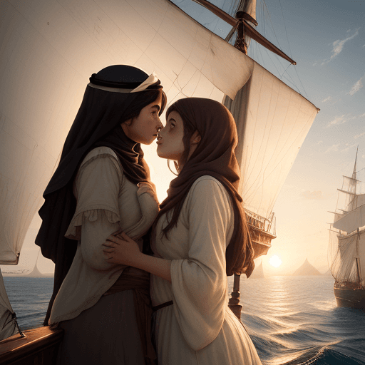 AI generated: two arabic girls kissing, Photo of a ultra realistic sailing ship, dramatic light, pale sunrise, cin...