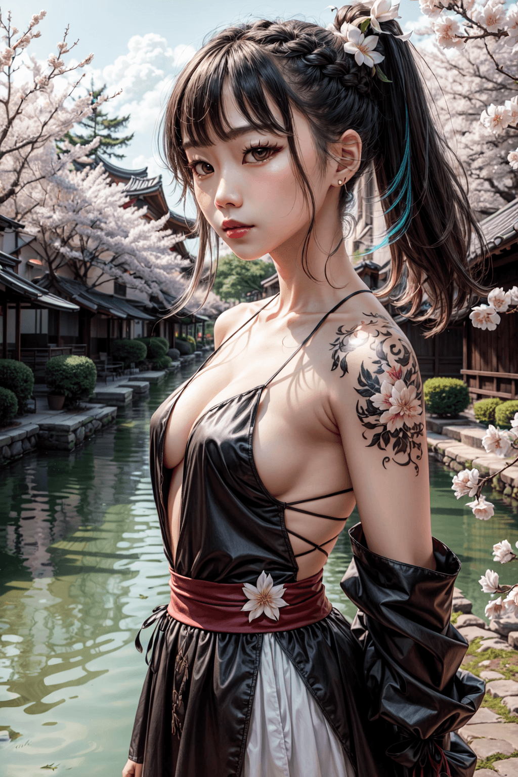 AI generated: Beautiful Korean woman, kpop idol, (white hair), (braided ponytail), (small breasts:1.5), symmetrica...