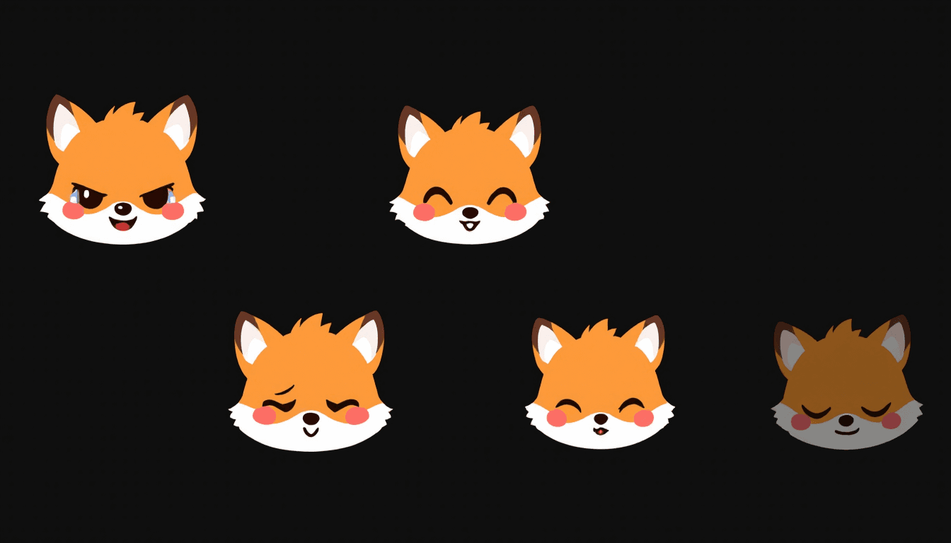 AI generated: "A set of five ultra-cute chibi-style fox face emojis designed for Discord, featuring a simple and a...