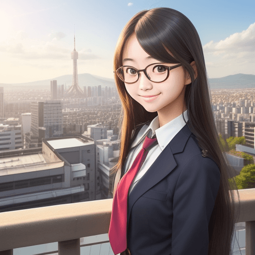 AI generated: Photo of young attractive japan girl in school uniform, long hair, round glasses, pretty smile, city...