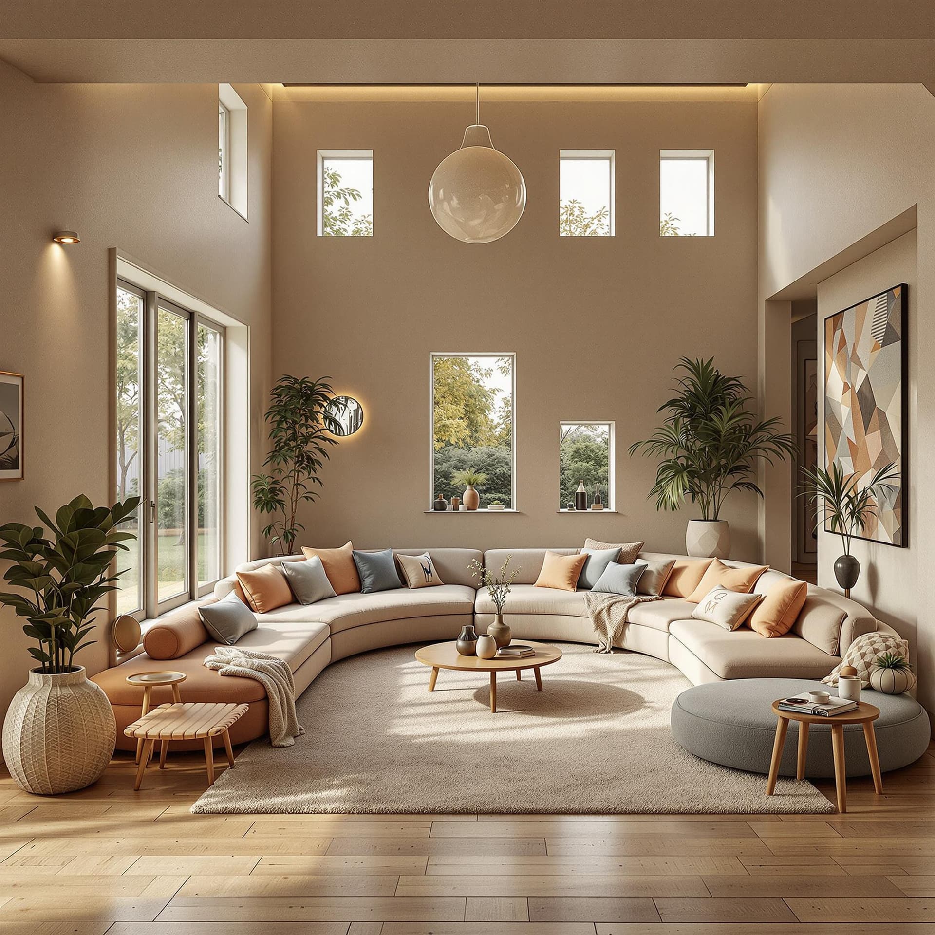 AI generated: High resolution photography interior design, dreamy sunken living room conversation pit, wooden floo...