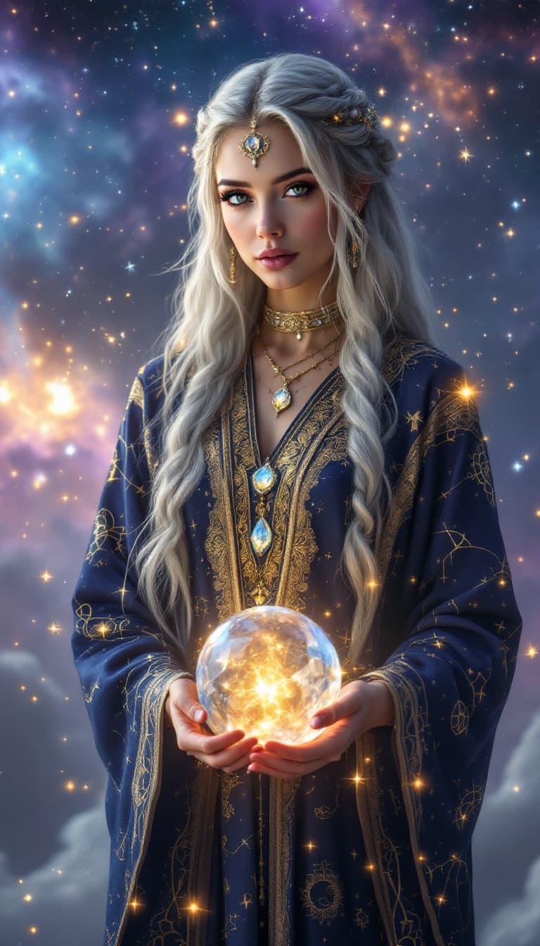 AI generated: An ultra-realistic, full-body portrait of a captivating astral priestess woman, radiating serene pow...