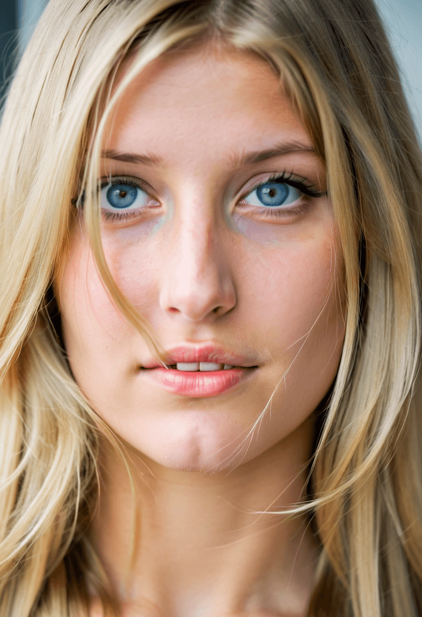 AI generated: analog film photo woman, long blonde hair covering an eye, smiling, light-blue eyes, narrow nose, li...
