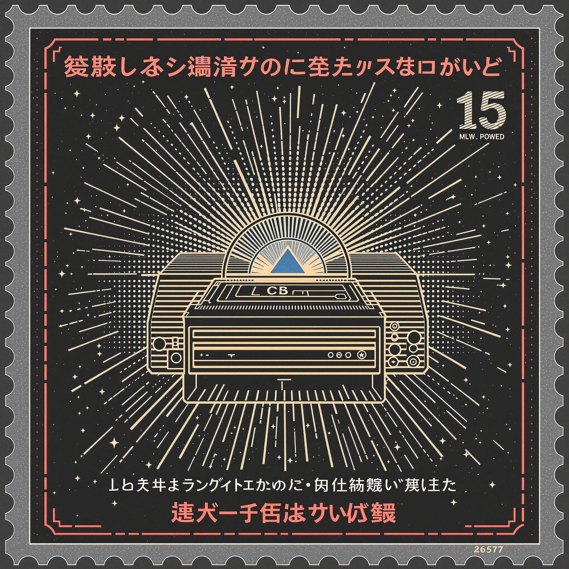 AI generated: stamp style, retro VCR player for mystical future laser solid state hard drive hardware, quantum com...
