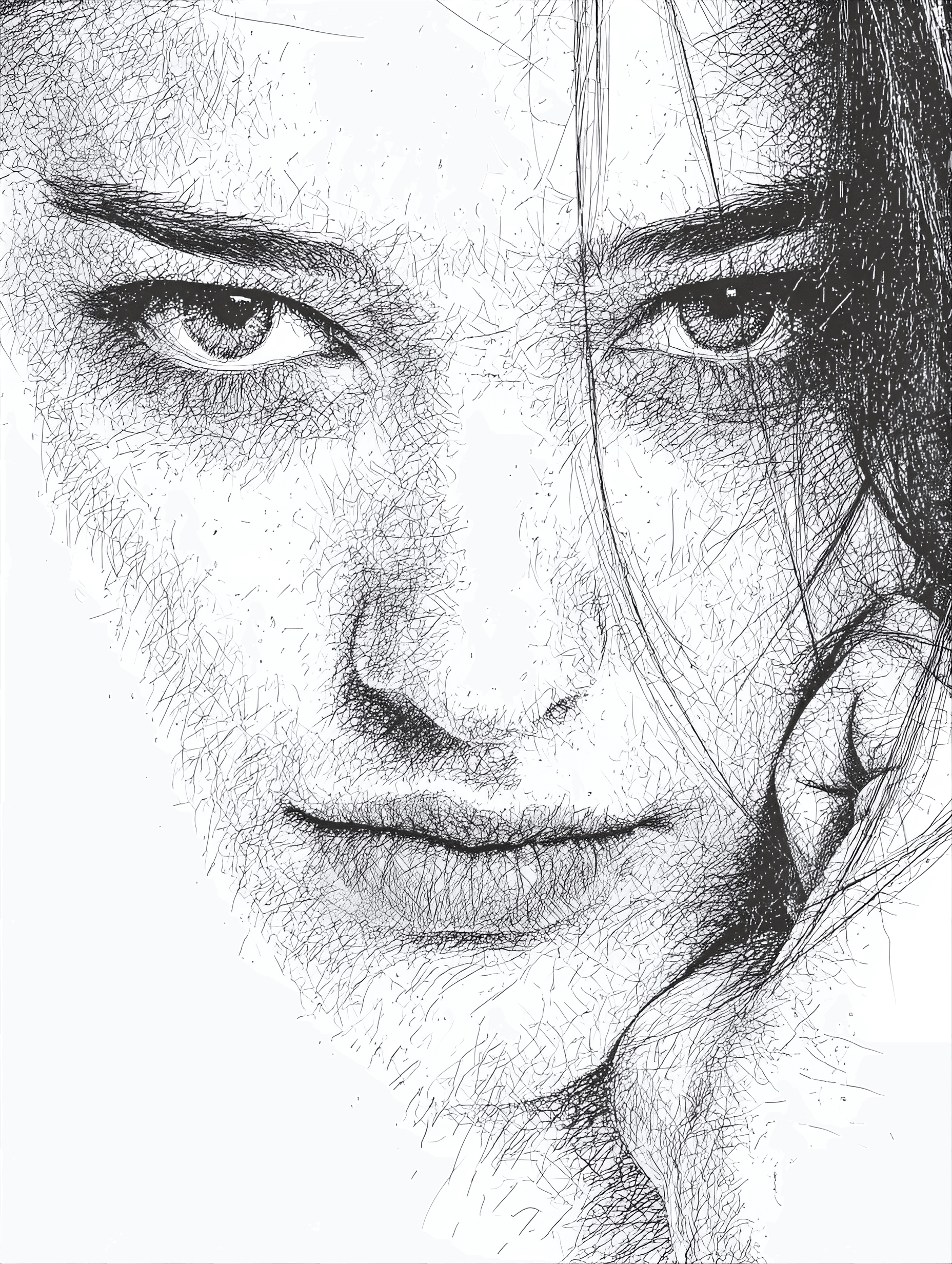 AI generated: white bg, png, one line art, minimalist sketch, face, eyes, nose, mouth, pencil medium, , female