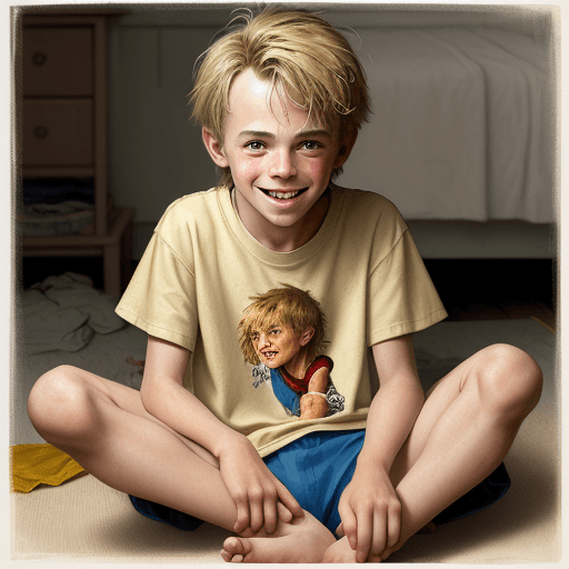 AI generated:  Realistic portrait of a 12-year-old boy with messy blonde hair, wearing a t-shirt and shorts, baref...