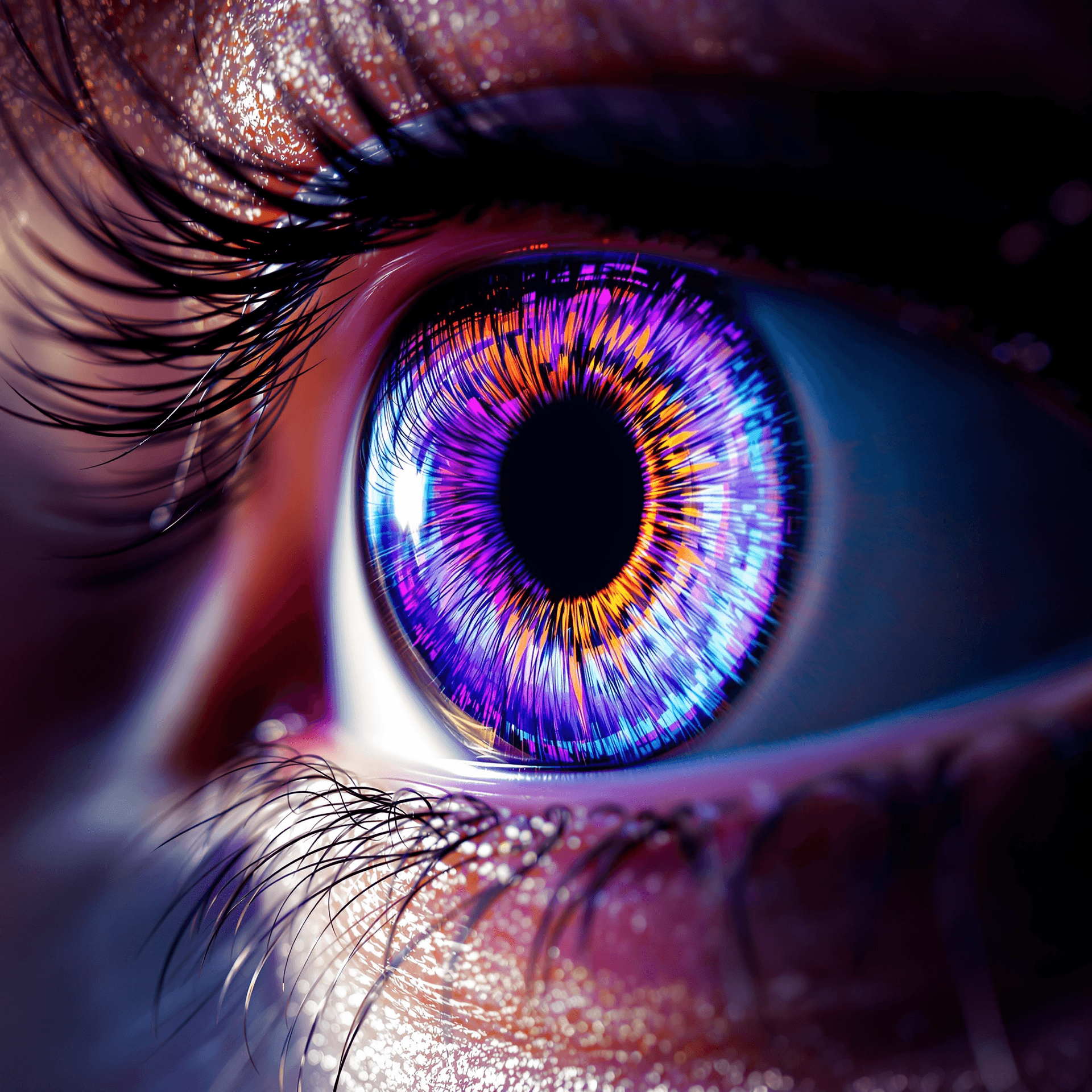 AI generated: An artistic representation of a violet eye iris, with surreal patterns and colors blending together....