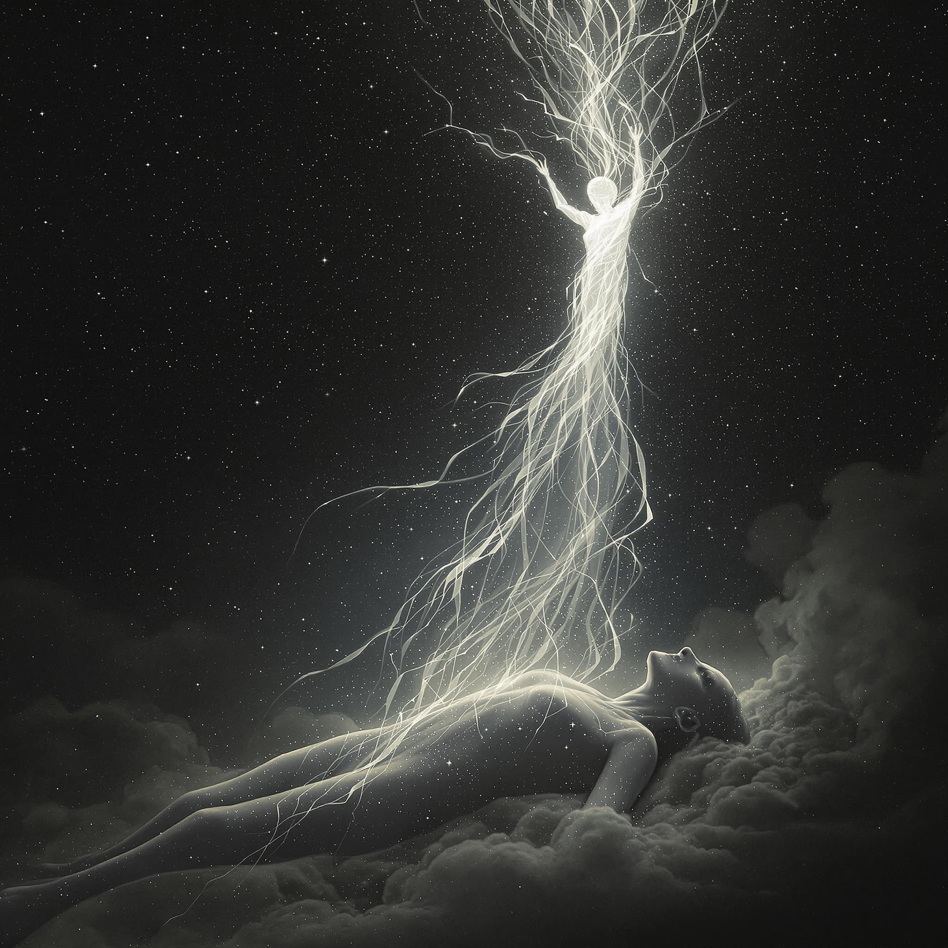AI generated: A spectral figure, half-formed from wisps of silver and shadow, rises from the still body below. The...