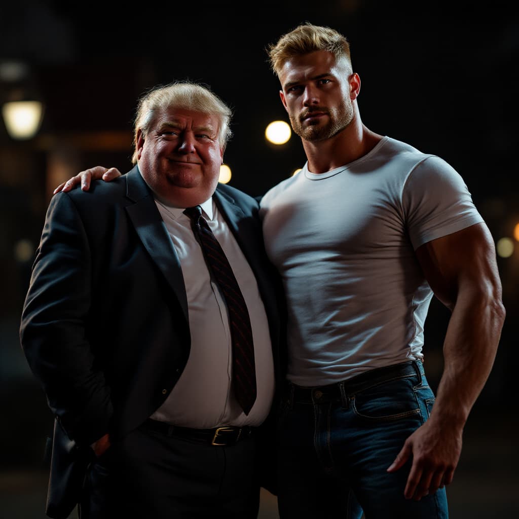 AI generated: high-resolution photo of a fat old man wearing a suit and ties standing next to a extremely muscular...