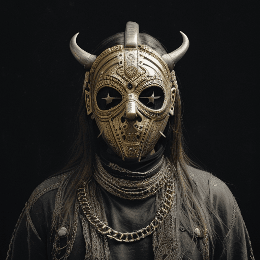 AI generated: a portrait shot of a person wearing a golden luxurious mask with chains around it, metal mask, kris ...