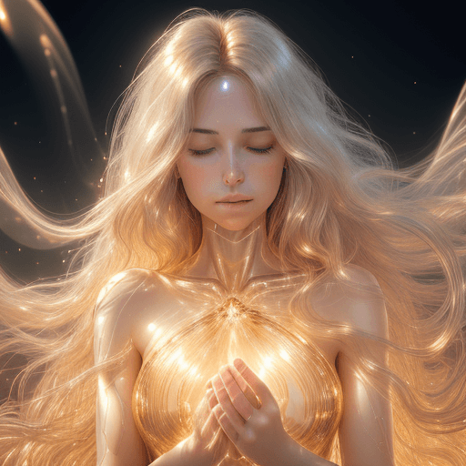 AI generated: A photorealistic 4K image of a woman with transparent, crystal-like skin, glowing from within with a...