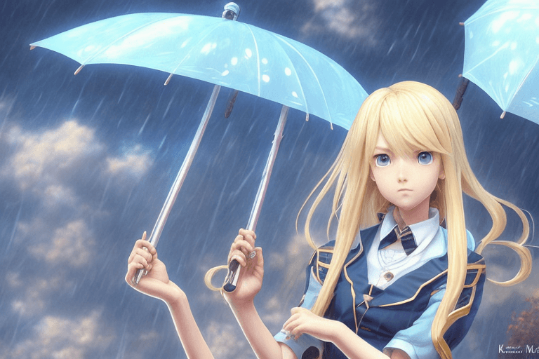 AI generated: blonde girl with ollege uniform holding an umbrella in a rainy day, ultra-detailed, hd, anime, desig...