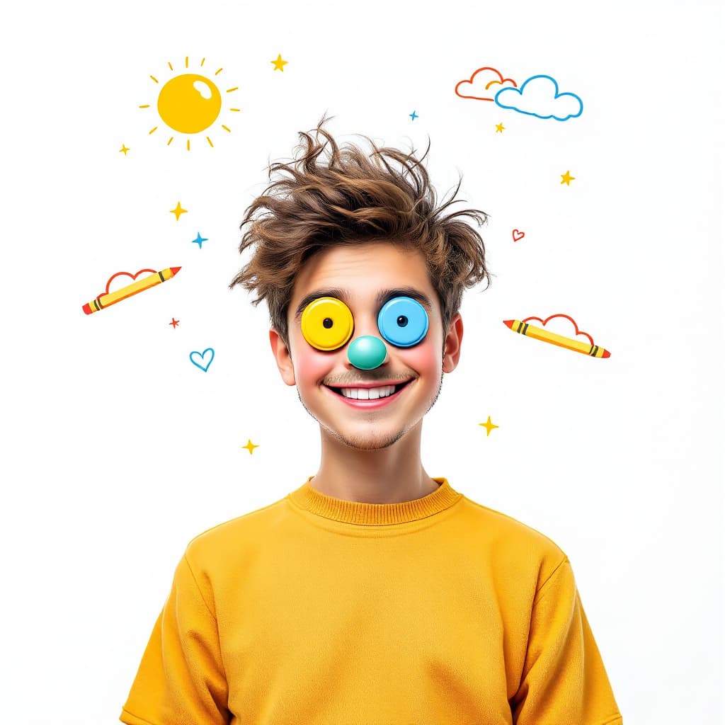 AI generated: artistic concept art, front, featuring of only colorful button expression, man, upper body, golden r...