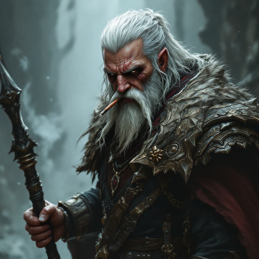 AI generated: Diablo, Barbarian, Bo staff, peaceful, apocalypse by cigarettes after war, Riot Games League of Lege...