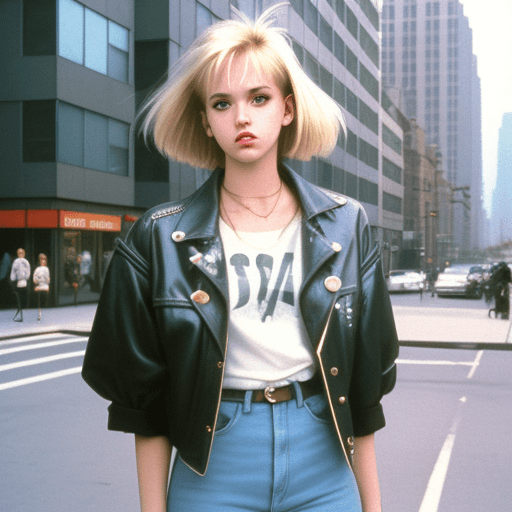 AI generated: Street style photo of a grunge style woman in the streets of 1990 Manhattan standing in front of a s...