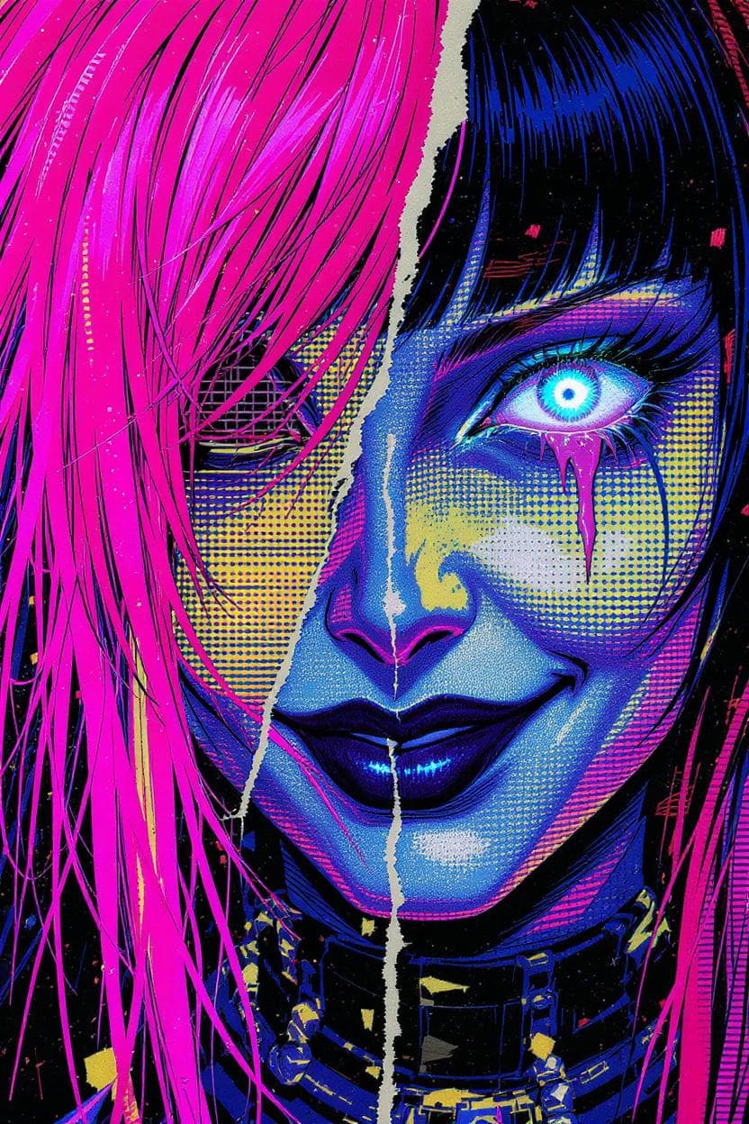 AI generated: Tight, oversaturated goth punk female close-up where the frame slashes across only half a smirking m...