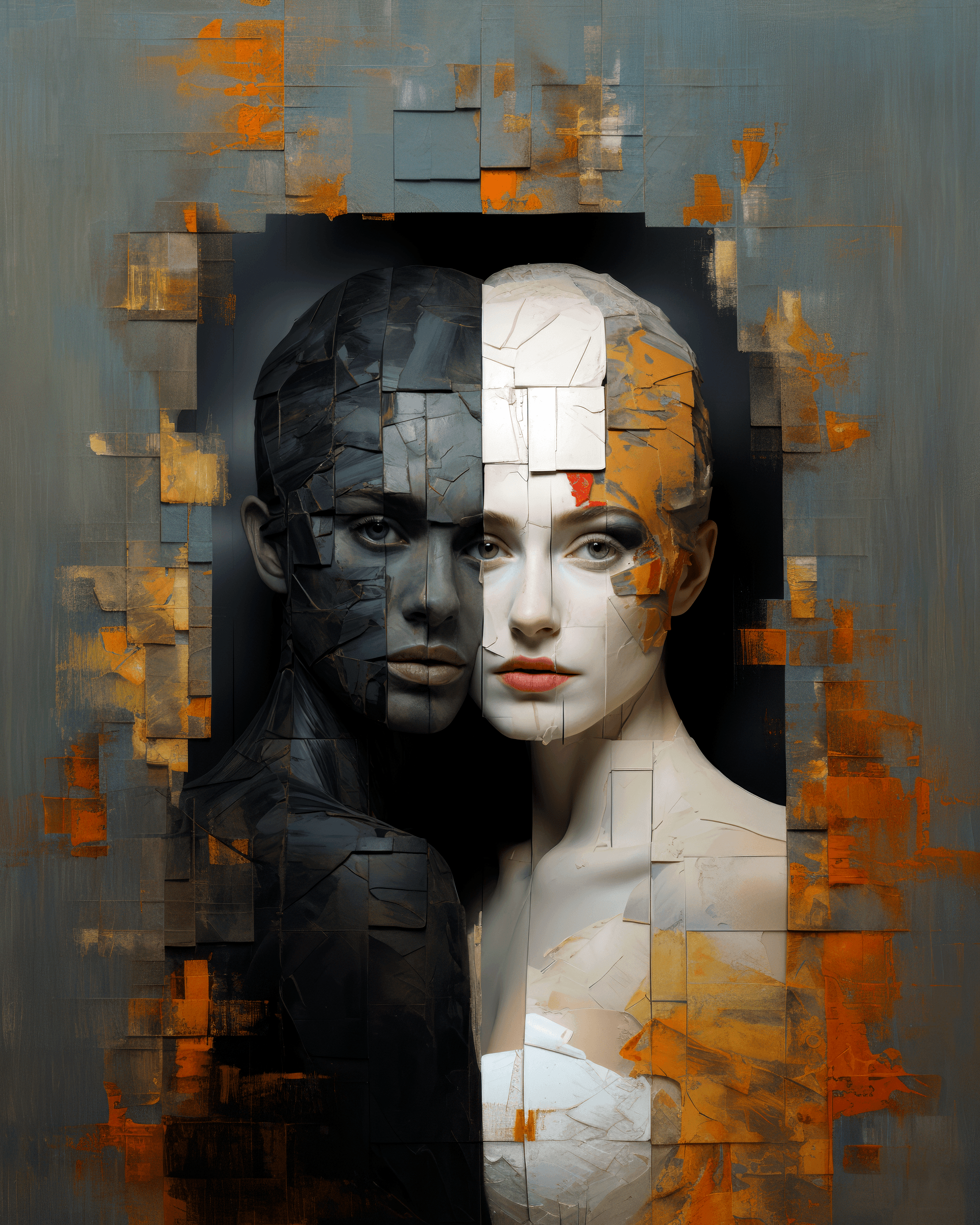 AI generated: an image of some people with their ed, in the style of expressive, textured portraiture, cut/ripped,...
