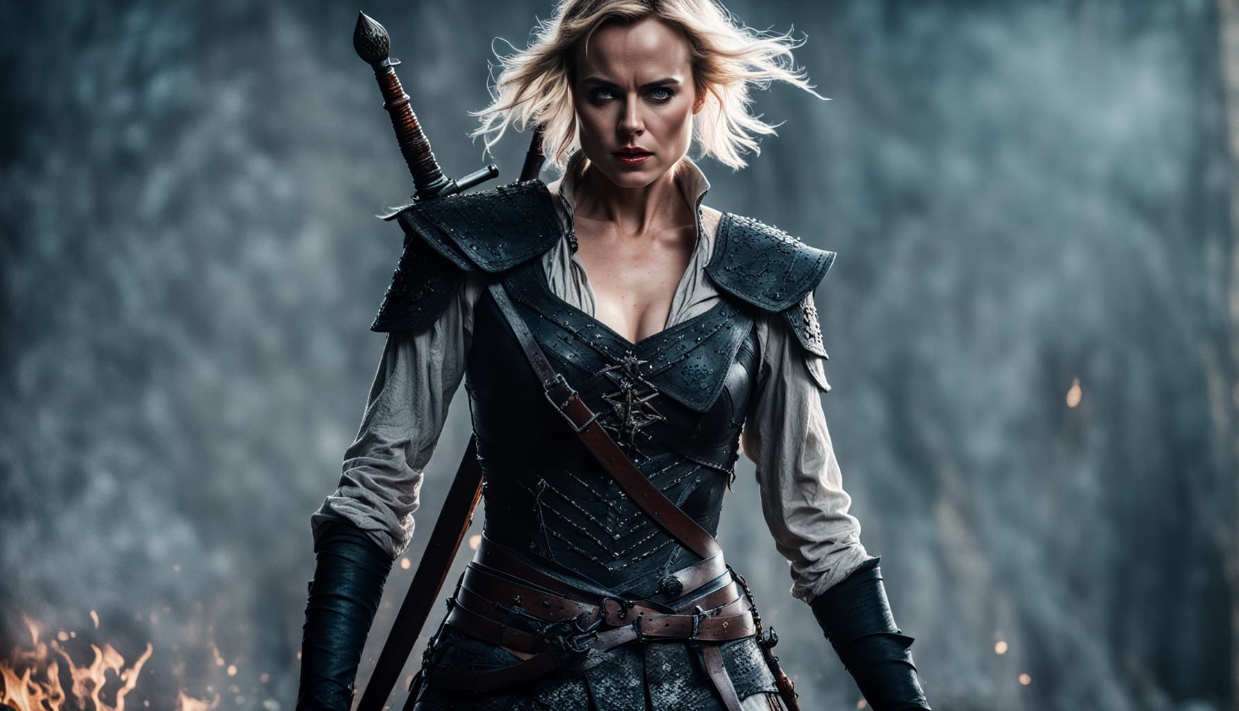 AI generated: 85 mm RAW dslr portrait photograph of Radha Mitchell as lady Witcher, close-up, ash blonde hair, lea...