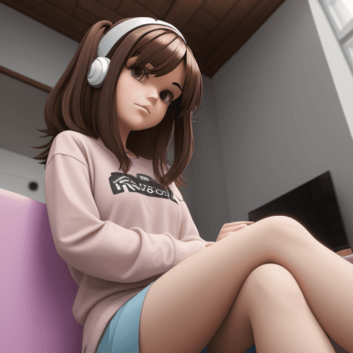 AI generated: roblox girl character sitting down
 in a house gaming, brown medium hair, pastel clothing




