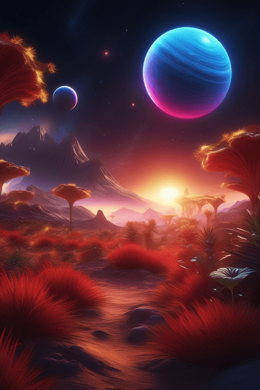 AI generated: Alien planet surface teeming with exotic plants and fascinating wildlife, under the celestial specta...