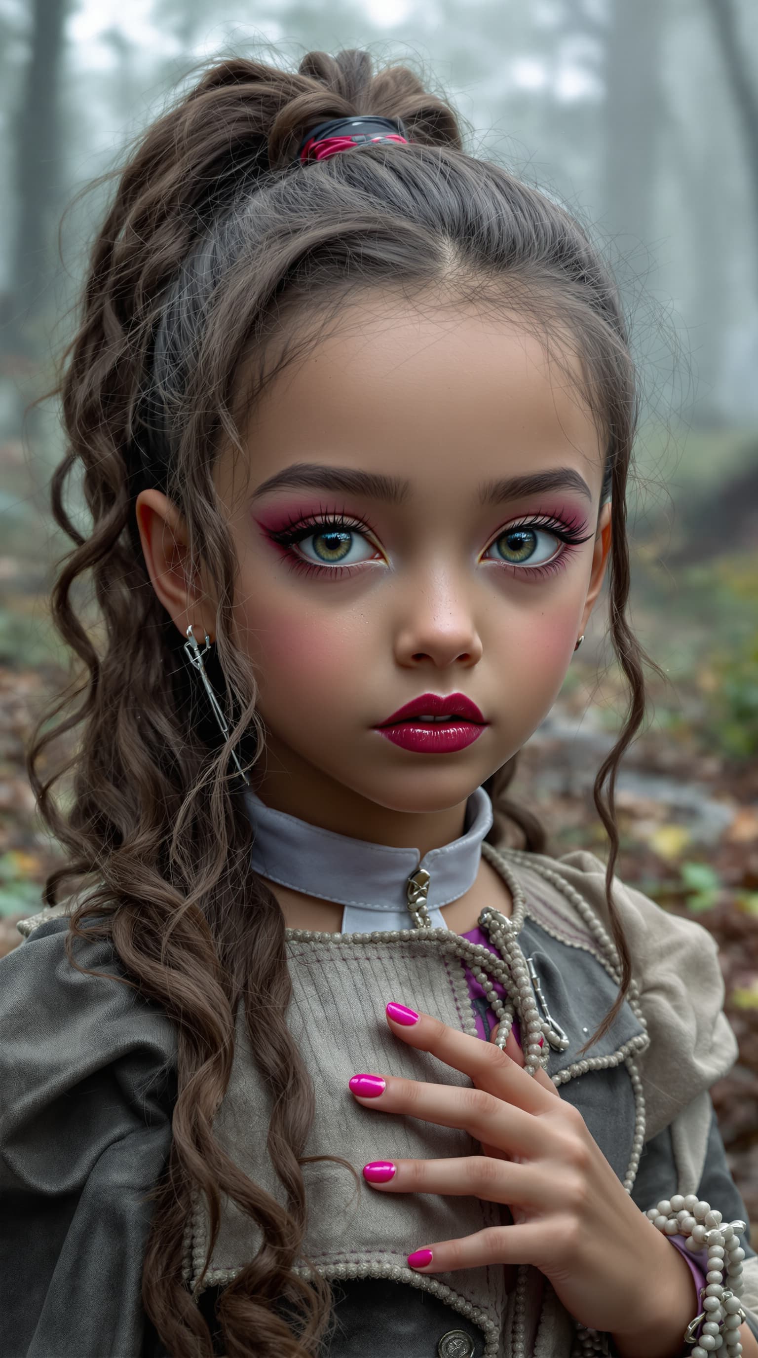 AI generated: A professional photograph of an extraordinarily beautiful seven-year-old girl with an evil aura, cap...
