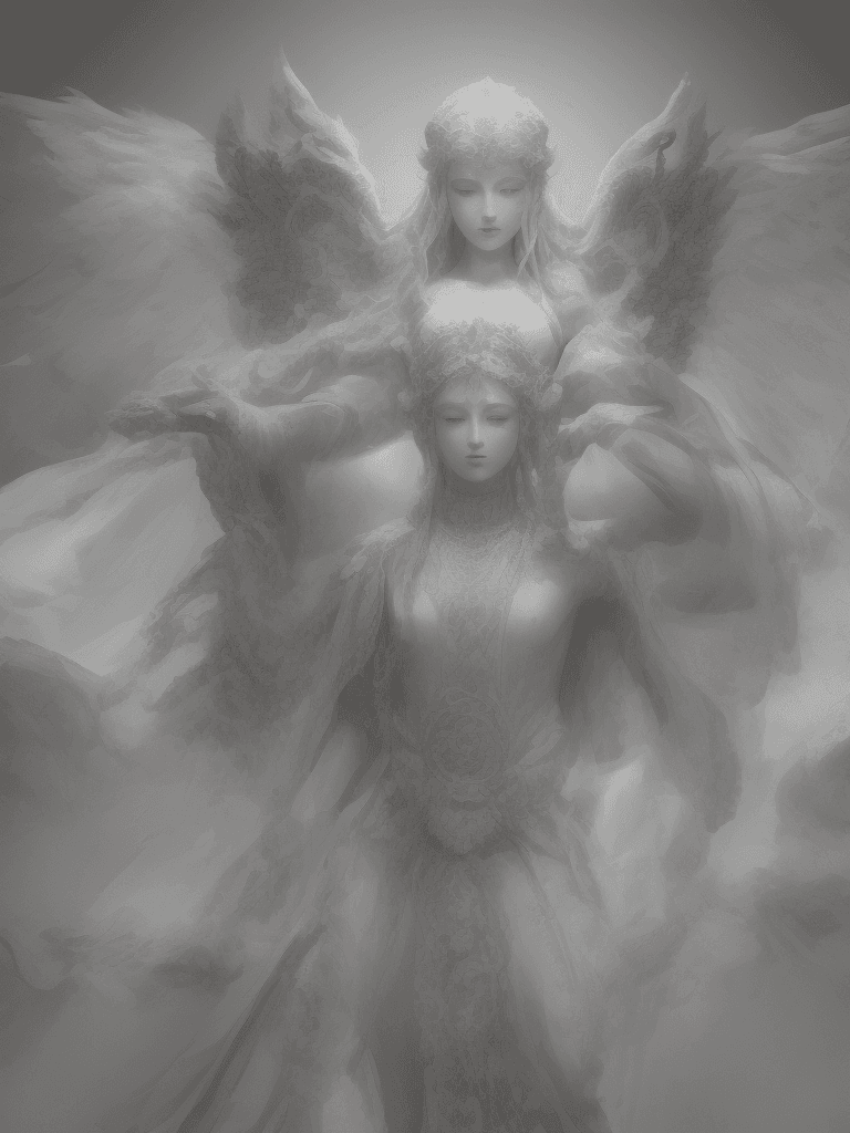 AI generated: white deity statue, the actors are dressed in white suits and are dancing with a lotus, angel, in th...