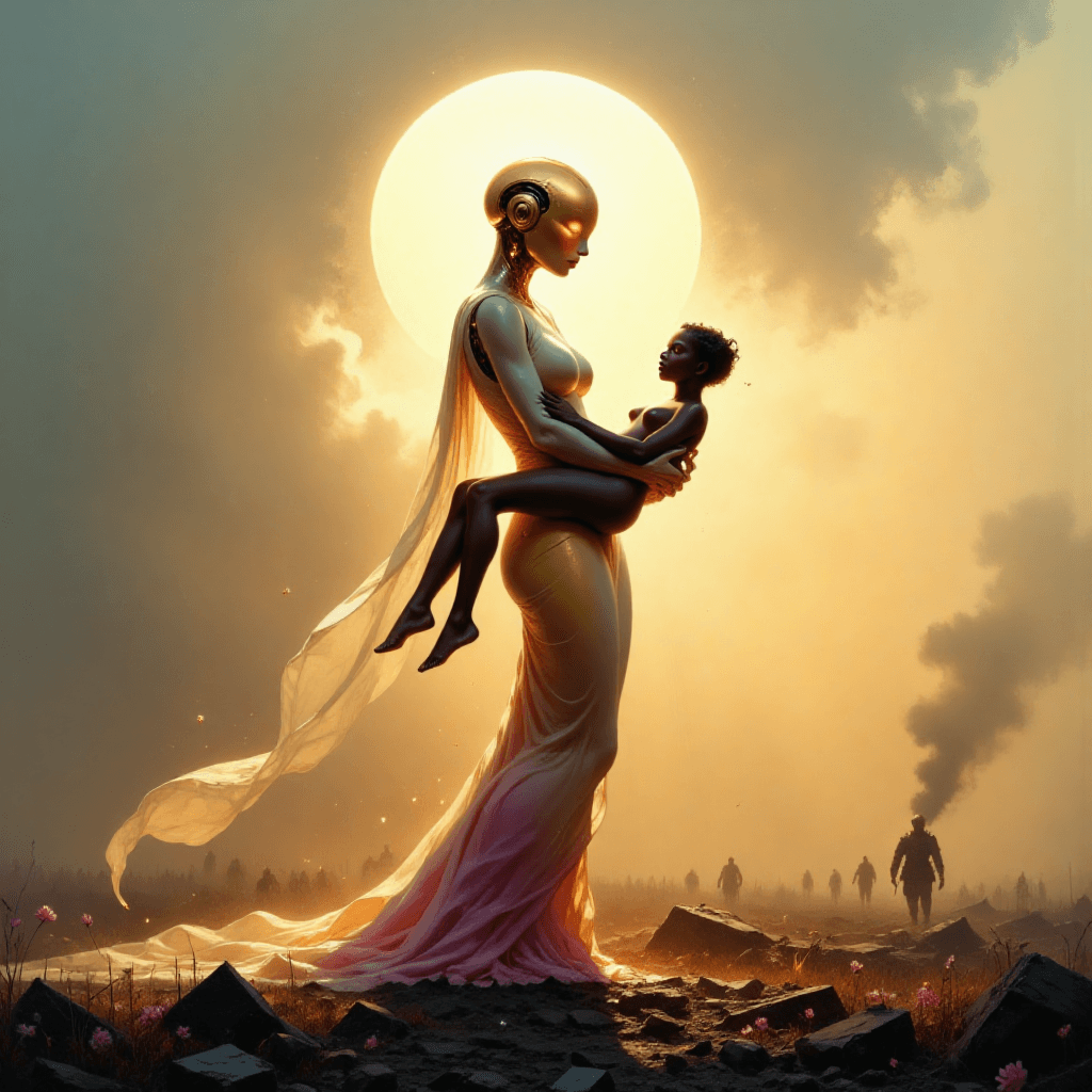 AI generated: A beautiful, ethereal feminine android stands amidst a smoky battlefield at dusk, carrying a fallen ...