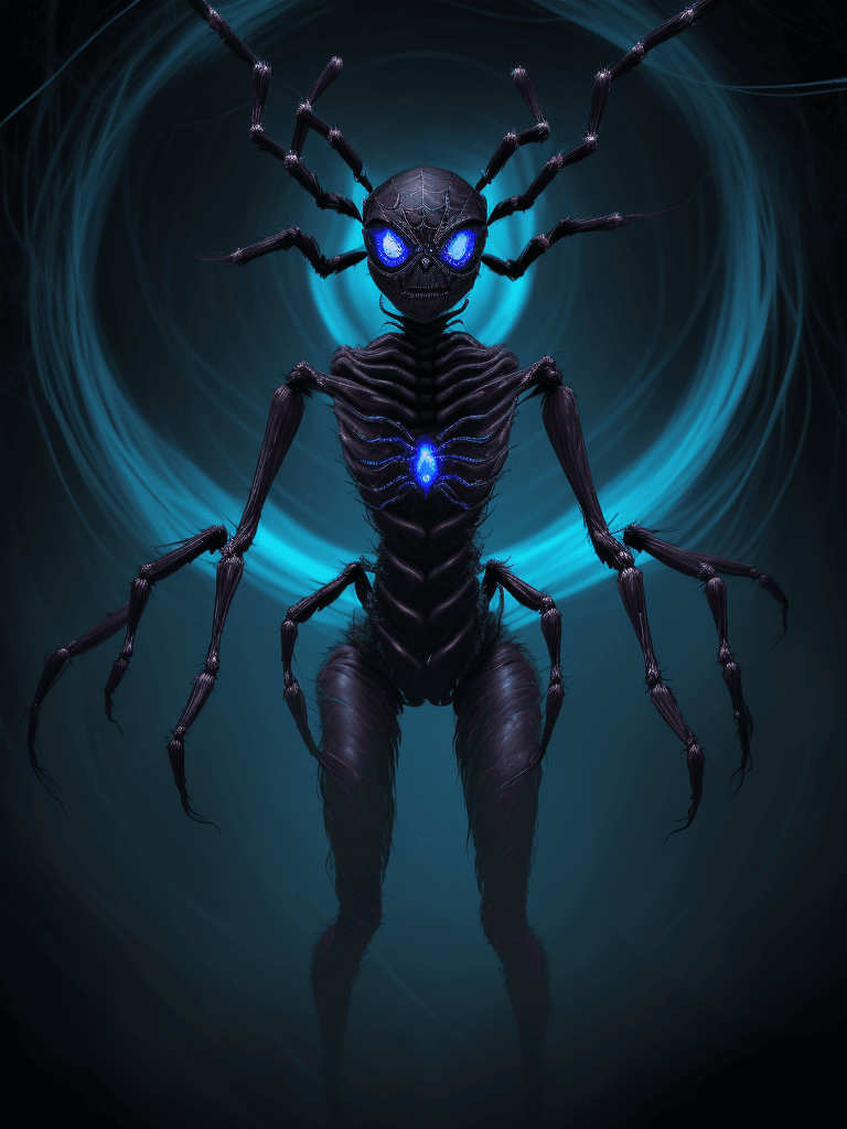 AI generated: Create an 8k image of a terrifying, humanoid spider creature, standing amidst a swirling vortex of d...