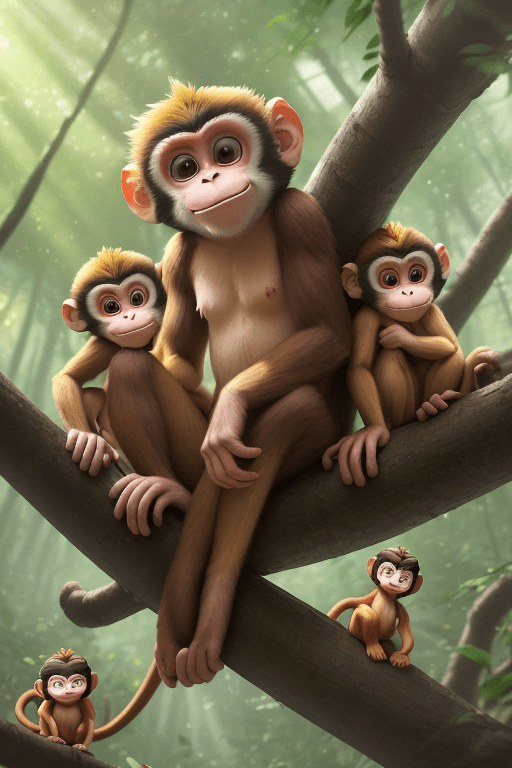 AI generated: In a sunlit forest, a little monkey named Mike sits on a high branch, surrounded by his playful frie...