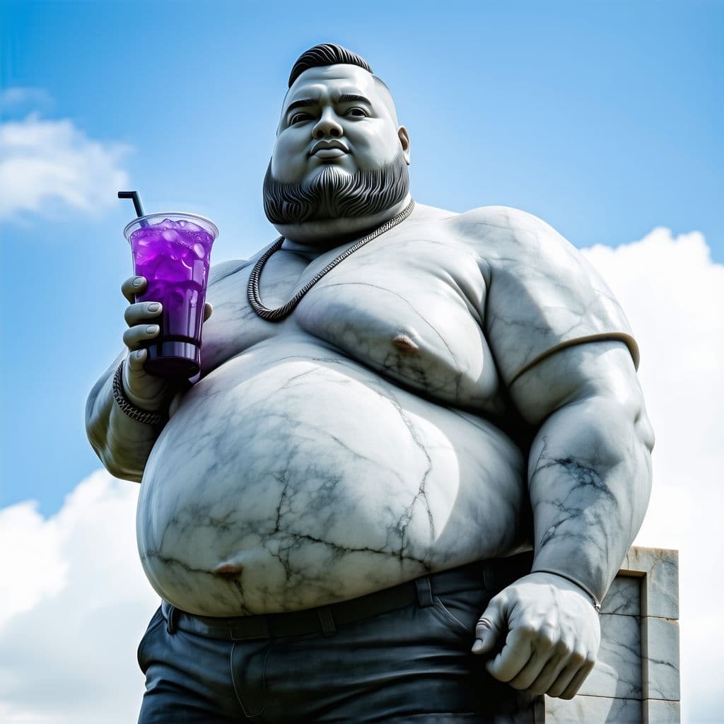 AI generated: fattest obese american rapper in the world without a beard and with short hair, holding a purple dri...