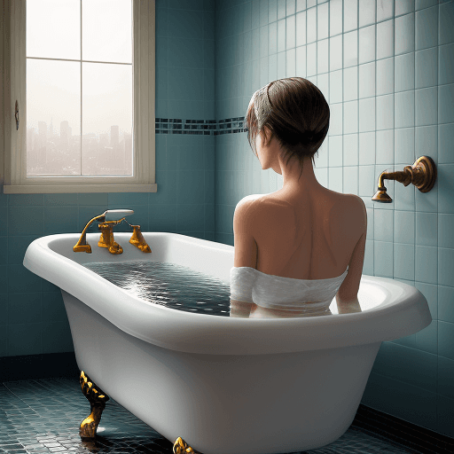 AI generated: A detailed digital illustration in the style of Dimitry Roulland, featuring a woman in a bathtub, fa...