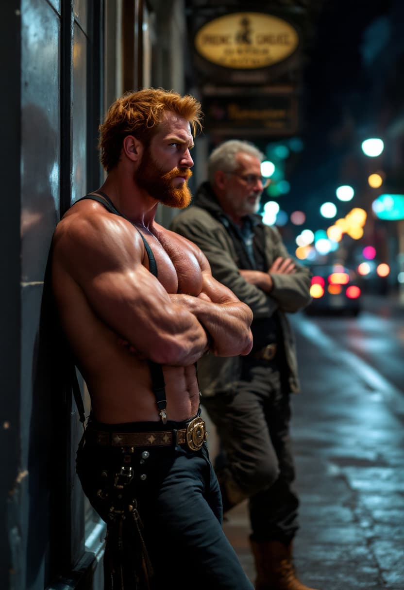 AI generated: high-resolution full body photo muscular man, show boots, reddish blonde hair,  wearing daisy dukes,...