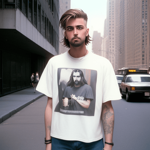 AI generated: Street style photo of a grunge style teeneger in the streets of 1990 Manhattan standing in front of ...