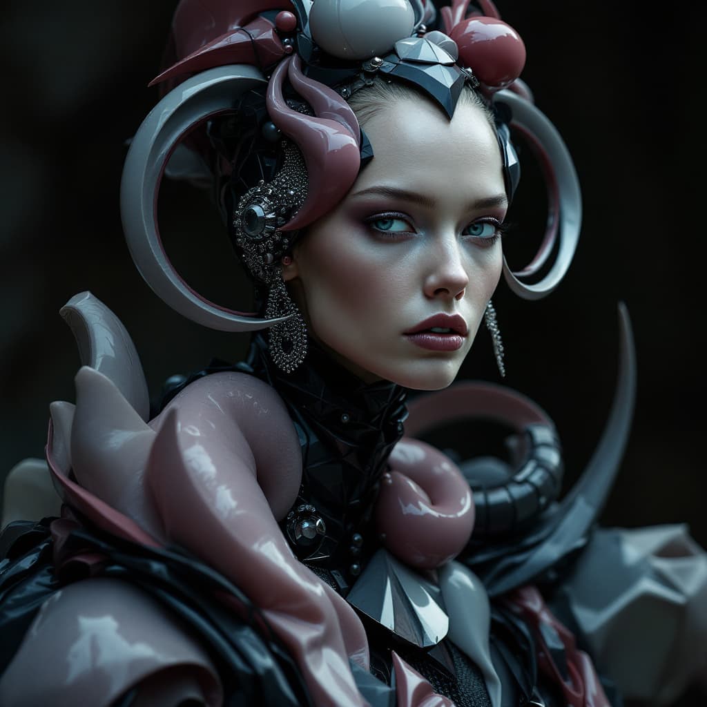 AI generated: Serious female model, looking diagonally, dressed in extravagant and vanguardist clothing, plastic a...