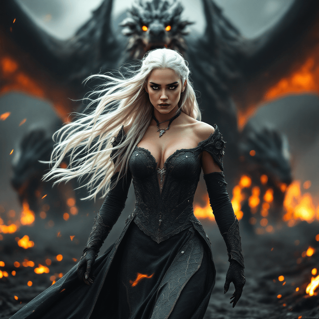 AI generated: Daenerys Targaryen walking forward powerfully, full height, fierce yet natural and regal facial expr...