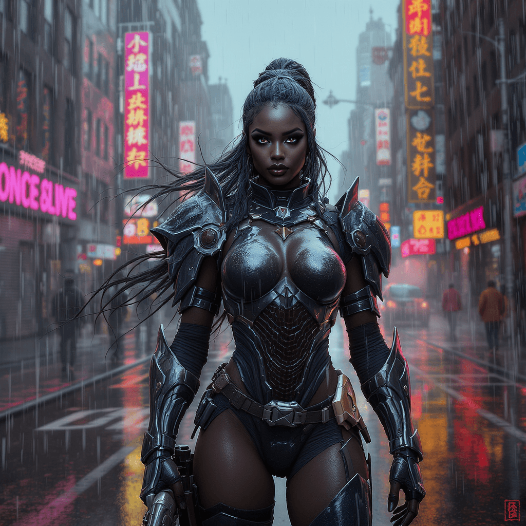 AI generated: African American warrior Princess, wearing battle armor, standing in the rain on an empty NYC street...