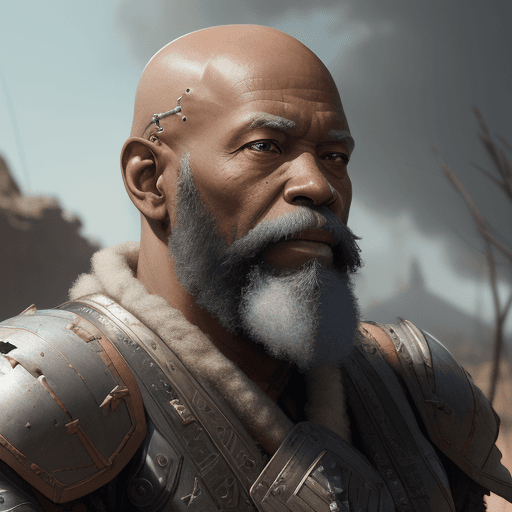 AI generated: 8k an elderly bald african american in rusty scavenger armor and a long white beard setting, by Raym...